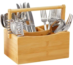 Natural Bamboo Cutlery Holder and Storage Box with Folding Hand Rectangle Picnic Basket for Kitchen Countertops