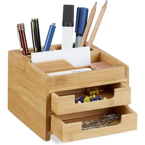 Natural Bamboo Desk Organizer Pen Holder Wood Office Desk Box Drawers
