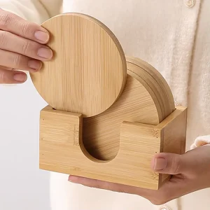 Natural Bamboo Drink Coaster Set Cup Mat Storage Stand for Kitchen Tabletop