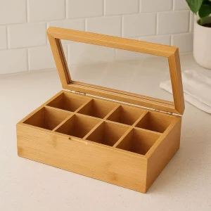 Natural Bamboo Tea Box Organizer with Clear Acrylic Top Window 8 Compartments Tea Bag Holder Multi-Functional Wood Storage Box