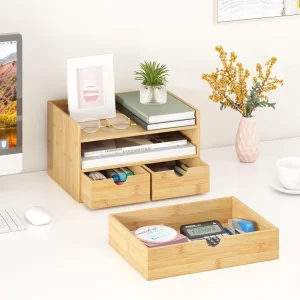 Natural Bamboo Wood Desktop Organizer Three Tier Standing Display Rack for Desk with Drawers Multiple Usage Office Storage