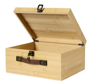 Natural Bamboo Wood Jewelry Keepsake Box with Locking Lid and PU Leather Handles Large Storage Chest for Crafts