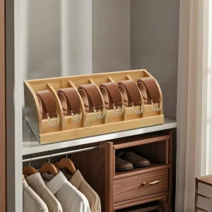 Natural Bamboo Wooden Belt Organizer Holder for Drawer Storage Containers Box with 6 Compartment for Home Closet Display Case