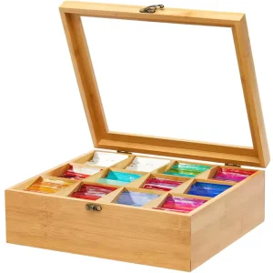 Natural Bamboo Wooden Tea Box with Clear Lid Divider for Tea Bag Storage