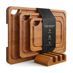 Natural Carbonized Bamboo Cutting Board Set with Stand Portable Serving Tray with Juice Groove Bamboo Wooden Chopping Blocks