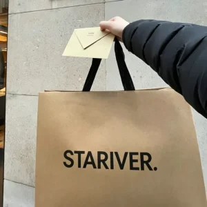 Natural Kraft Paper Shopping Bag Custom Black Logo Black Fabric Ribbon Handle for Clothing Boutique