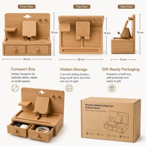 Natural Oak Wooden Desktop Organizer with Phone Stand Dual Drawer Bedside Valet Tray Desk Storage Box for Watch Keys Pen Gift