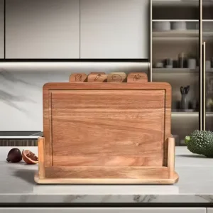 Natural Organic Bamboo Acacia Wood Index Chopping Block Sturdy Cutting Board Holder for Kitchen Bread Meat Vegetable Fish