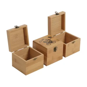 Natural Polished Square Wooden Bamboo Storage Box with Hinged Lid for Home Keepsake and Craft Gifts