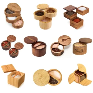 Natural Wood Bamboo Salt Pepper Box Multi Compartment Wooden Spice Container With Lid Kitchen Seasoning Storage Organizer