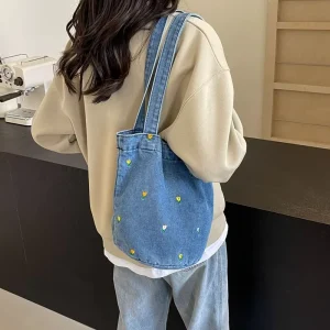 New Arrival Fashion Summer Embroidered Tulip Denim Large Capacity Bucket Bag Viral Niche Design Shoulder Handbag for Daily