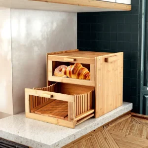 New Large Unique Decorative Display Foldable Kitchen Bamboo Storage Bin Container Wooden Breads Box with Slicer Corner