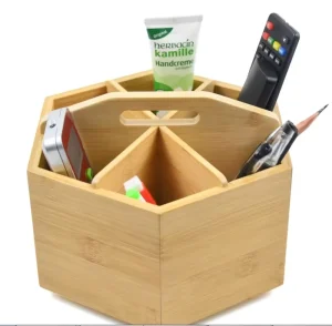 New Wood Bamboo 365 Degree Rotating Pen Holder Box with 6 Compartments Desk Organizers and Classroom Supplies Storage Caddy