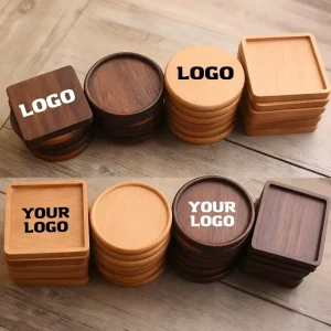 Non Slip Cup Mat Wooden Coasters with Engraving Logo Drink Coasters Walnut Bamboo Custom Logo Round Blank Gift Box