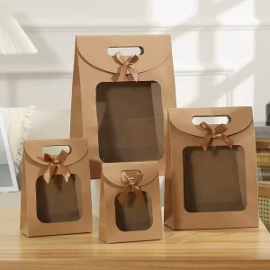 OEM Custom Design Flower Bouquet Toy Carrier Bag Christmas Mothers Day Kids Gift Kraft Shopping Paper Bag with Clear Window