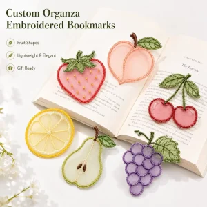 OEM Custom Eco Friendly Durable Organza Embroidered Bookmark Personalized Fruit Style Sheer Fabric Marker for Packaging Gifts