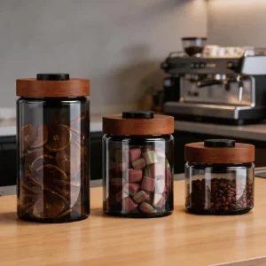OEM Custom Printed Glass Jar Acacia Wood Lid Kitchen Spice Bean Storage Pot