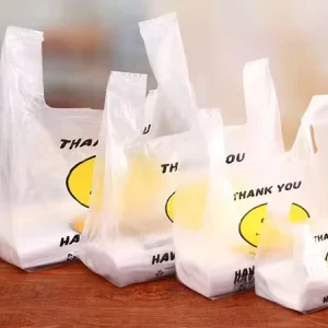 OEM High Quality Embossed HDPE Recyclable T shirt Plastic Bags Vest Supermarket Carrier Bag ‘Thank You Shopping’ GRS Certified