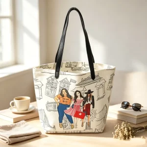 OEM ODM Fashion Women Canvas Tote Bag Custom Print Reusable Shopper Bag with PU Leather Handles