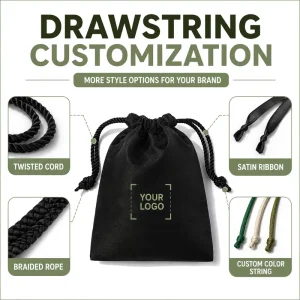 OEM ODM Premium Black Satin Braided String Custom Logo Pouch Durable Reusable Jewelry Gift Dust Bag Pouch