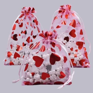 OEM Organza Drawstring Heart Pattern Christmas Gifts Jewelry Bag Transparent Jewelry Pouch