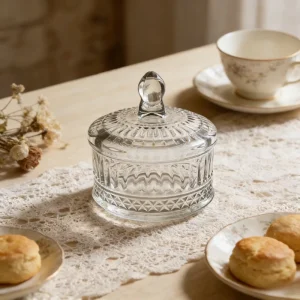 OEM Vintage Style Transparent Round Glass Jars with Bamboo/Glass Lid Dustproof Food Storage Cookies Snacks High-end Packaging