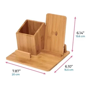Office Pen Holder with Wireless Inductive Charging Plate Charging Seat Items Sorting Box Bamboo Desktop Storage Box