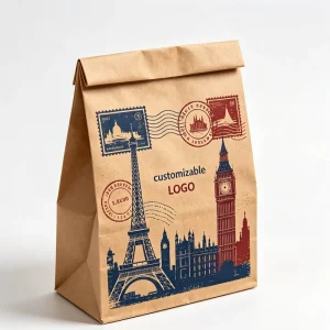Old World Travel Stamp Uncoated Kraft Shopping Bag Reinforced Base Deboss Logo for Tourist Boutique Holiday Present Tote