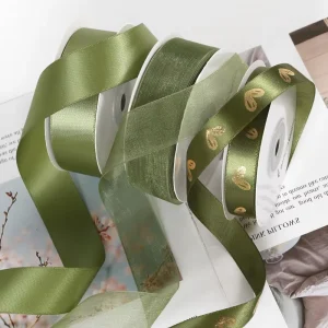 Olive Green Satin & Organza Gift Ribbon Gold Heart Hot Stamped for Wedding Gift Wrapping DIY Bow Craft