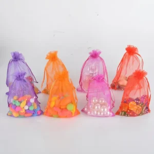 Orange Sheer Recyclable Reusable Organza Drawstring Bags & Pouches for Cosmetic Jewelry Coffee Bean Packaging