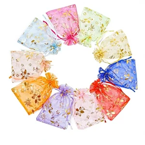Organza Aqueous Coated Wedding Jewelry Gift Candy Pouches Hot Stamp Gold Foil Print Paper String Drawstring Bag