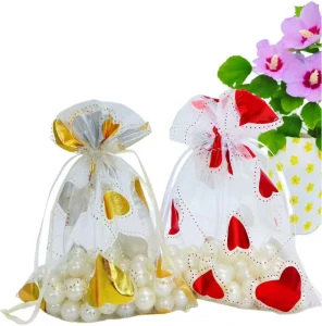 Organza Wedding Party Gift Bags with Heart Patterns Transparent Drawstring Bags for Holiday Decorations Candy Packaging Bags