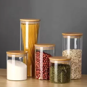 PFAS Free Borosilicate Glass Jars with Bamboo Lid Airtight Canister for Pantry Organization 30ml 2000ml Lead Free Glassware