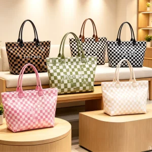 PU Top Handle Waterproof Shoulder Bag Checkerboard PVC Tote Bag for Daily Shopping Travel Beach