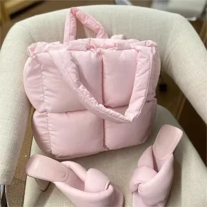 Padded Grid Nylon Quilted Puffy Bag Lightweight Shopping Soft Puffer Tote Bag Quilt Puffer Large Handbag Cotton Bag