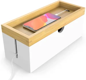 Painted Luxury Rectangle Bamboo Wood Cable Organizer Box Durable Eco Friendly Cable Management Home Office TV