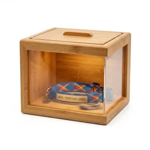 Panoramic Bamboo Pet Memorial Box with Warm LED Light Large Viewing Urn for Dogs Ashes Museum Grade Display