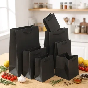 Paper Packaging Shopping Gift Bags with Handle for Small Businesses Customized Black Matte Thick Paper Bag with logo Print