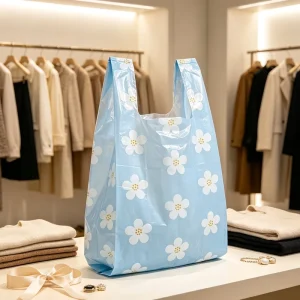 Pastel Blue Daisy Printed Plastic Vest Tote Bags Sturdy Shopping Carrier Bags for Market Stall Handicraft