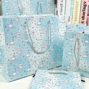 Pastel Blue Kawaii Seal Paper Gift Bags Sweet Cartoon Animal Present Tote for Party & Daily Wrapping