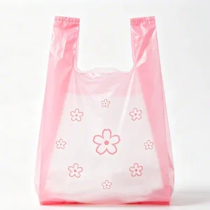 Pastel pink PE T shirt Bag with Simple Small Flower Grass Print Disposable Food Contact Shopping Packing Bag