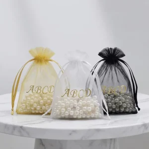 Pearl Gauze Organza Fabric Gift Pouch Gold Stamped Jewelry Packaging Pouch Bag for Incense Perfume Sachet