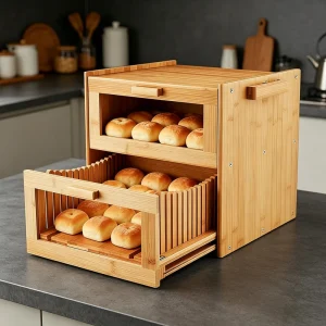 Personalization 2 in 1 Bamboo Bread Box with Built in Large Storage Bin Bread Slicer Kitchen Bread Storage Container