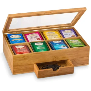 Personalized Bamboo Tea Bag Storage Box with Drawer 8 Compartment Wooden Tea Organizer with Clear Glass Lid