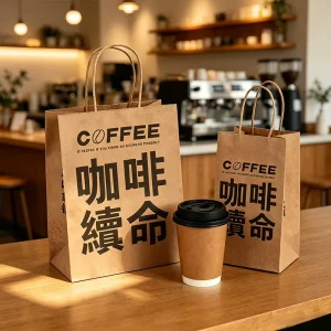 Personalized Flexo Printed White Kraft Reinforced Handle Greaseproof Food Grade Bookstore Cafe Coffee Paper Bags