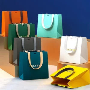 Personalized Logo Biodegradable Colorful Paper Carry Bags Ribbon Handles for Wedding Favors Party Gifts Promotion Small Business