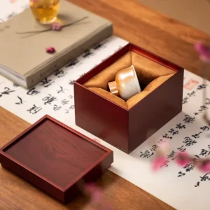 Personalized Tea Cup Holder Solid Wood Display Box with Engravable Drawer Lid and Bamboo Accent