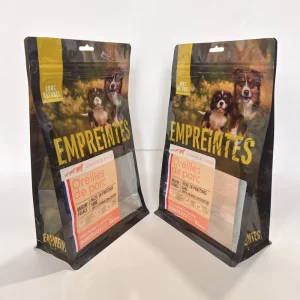 Pet Food Moisture Proof Plastic Packaging Flat Bottom Standing Bags with Zipper Clear Window Custom Printing Mylar Bag
