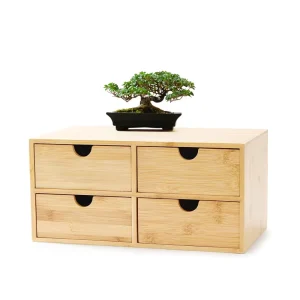 Pine Folk Art Style Bamboo Wood Organizer Double Layer Rectangle Box with American Style Carving for Storage
