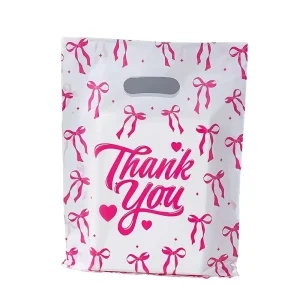 Pink Bow Print HDPE Plastic Thank You Bags Heart Decor Die Cut Handle Bags for Retail Boutique Stores